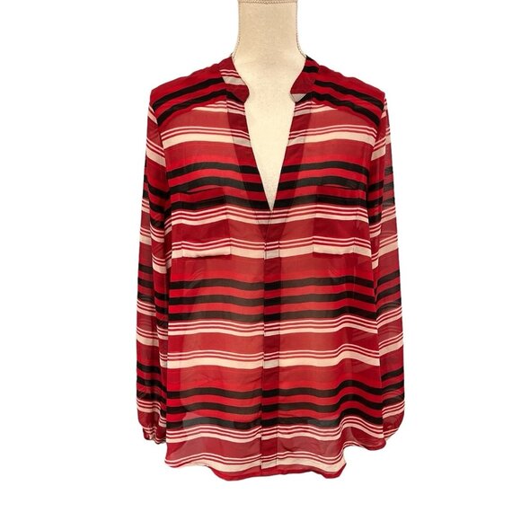 Torrid Top 1X Womens Semi Sheer Chiffon Red Black Striped Button Down Blouse - Picture 1 of 8